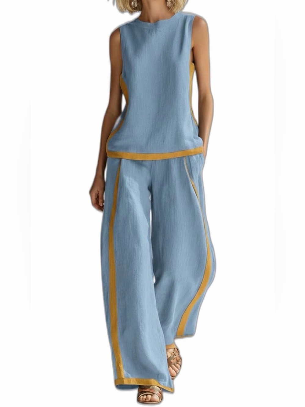 Light Blue Two-Piece Linen Set with Mustard Trim
